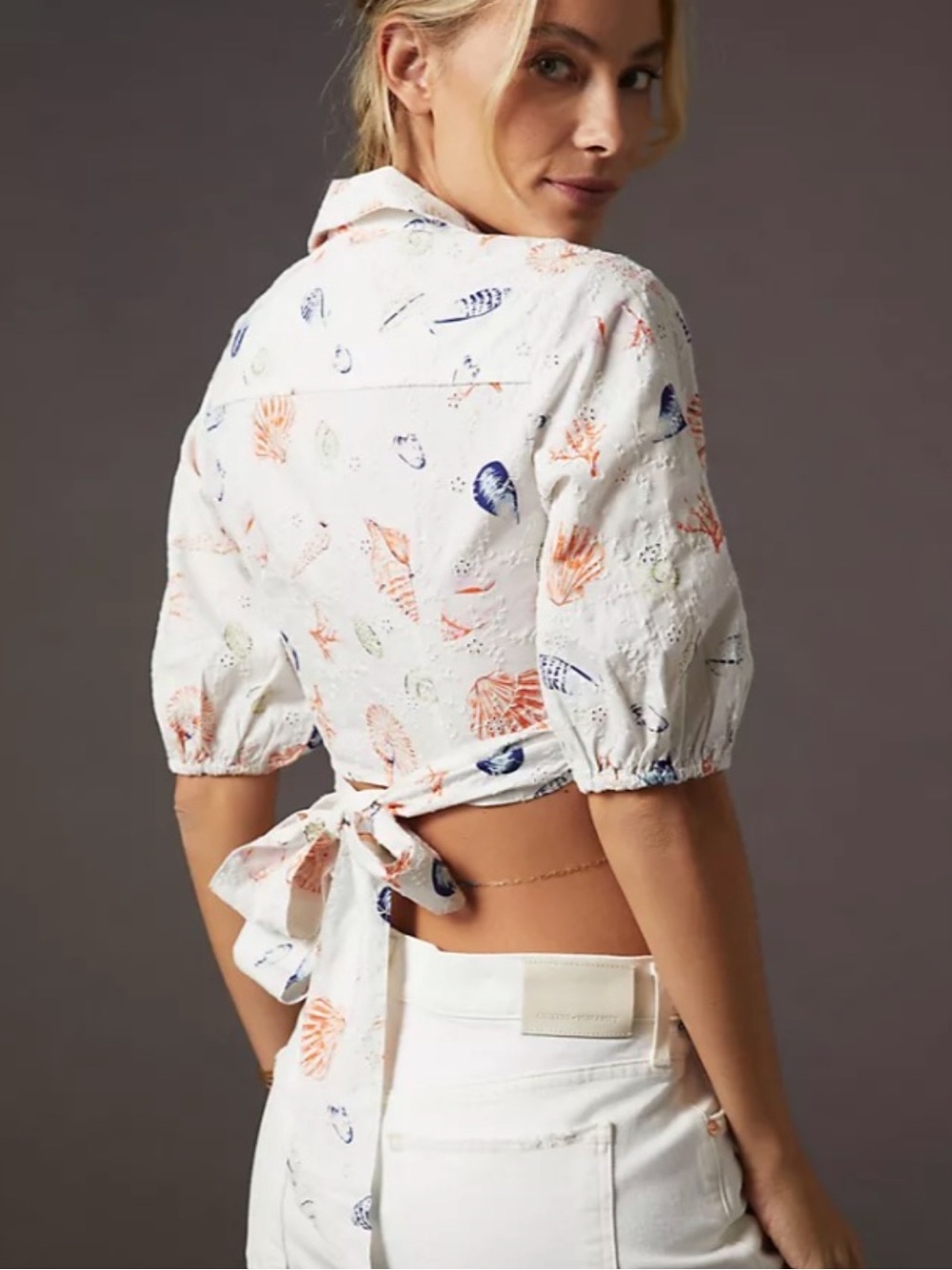 NWT Anthro Maeve White Embroidered Seashells Cropped Top Back Tie Puff Sleeves - Picture 3 of 11